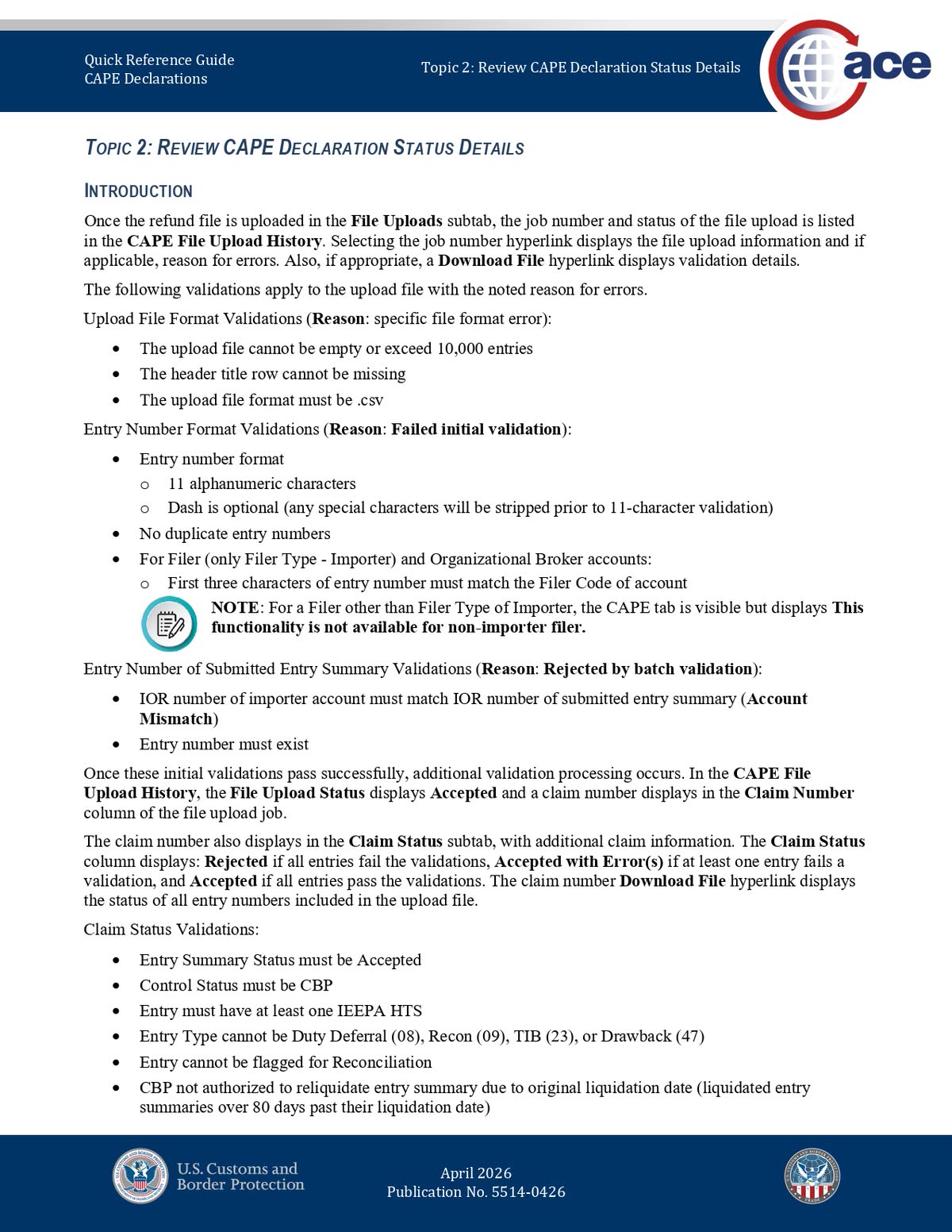 CBP CAPE status guidance explaining file format validations, Failed initial validation, Rejected by batch validation, and Accepted with Error(s).