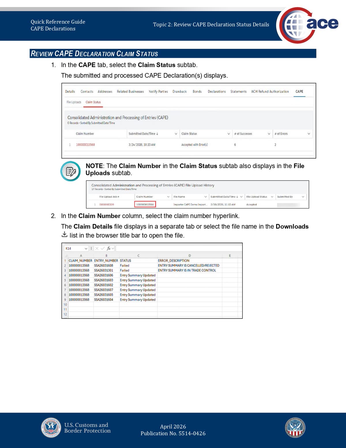 ACE Claim Status subtab showing a CAPE claim marked Accepted with Error(s) and a Claim Details file with accepted and failed entry results.